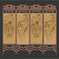 Chinese Four Panel Screen With Red Wooden Frame Carved Patterns Yellow Landscape Paintings Red Accents