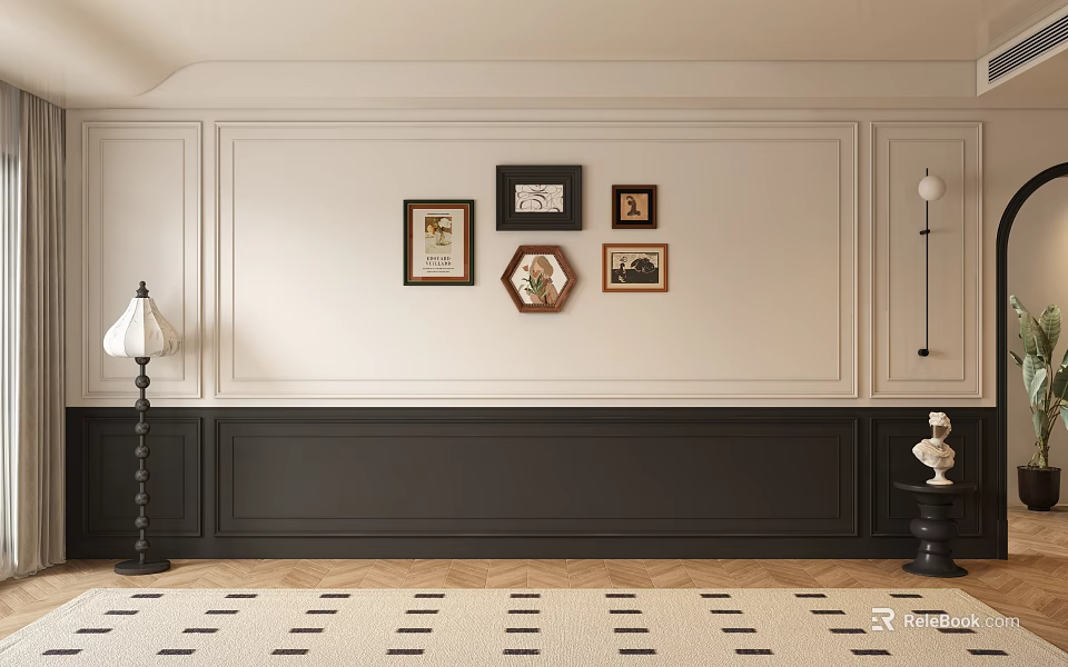 Modern Sofa Background Wall With Black Wainscoting Decorative Frames And Floor Lamp 3d model