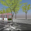Vibrant Commercial Street with Pink Storefronts Market Signs Street Lamps Trees Pedestrians and Wet Pavement