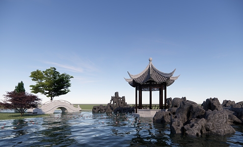 Chinese pavilion rockery landscape sketch 3d model