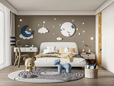 Cozy Children's Room With Moon Star Cloud Decor White Bed Plush Toys And Round Carpet 3d model
