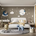 Cozy Children's Room With Moon Star Cloud Decor White Bed Plush Toys And Round Carpet