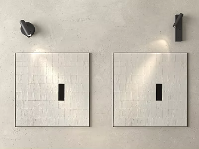 Wall Lamps Above Square Decorative Paintings With Black Vertical Strips On Light Colored Wall 3d model