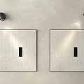 Wall Lamps Above Square Decorative Paintings With Black Vertical Strips On Light Colored Wall