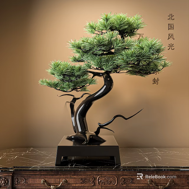 Chinese Style Bonsai Pine Tree With Black Pot And Wooden Base On Marble Tabletop 3d model 
