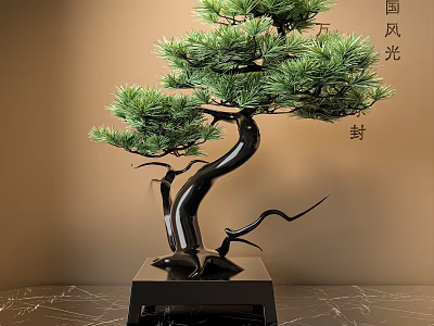 Chinese Style Bonsai Pine Tree With Black Pot And Wooden Base On Marble Tabletop 3d model