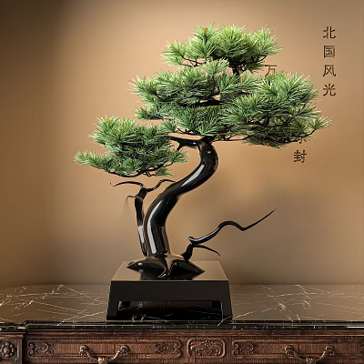 Chinese Style Bonsai Pine Tree With Black Pot And Wooden Base On Marble Tabletop 3d model