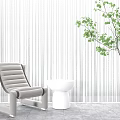 Modern Gray Leisure Chair With White Side Table Green Plant And White Vertical Striped Curtains