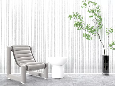 Modern Gray Leisure Chair With White Side Table Green Plant And White Vertical Striped Curtains 3d model
