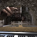 Industrial Cavernous Interior With Stone Walls Copper Pipes Ornate Railing And Grated Floor