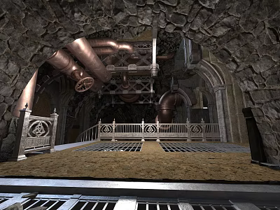 Industrial Cavernous Interior With Stone Walls Copper Pipes Ornate Railing And Grated Floor 3d model