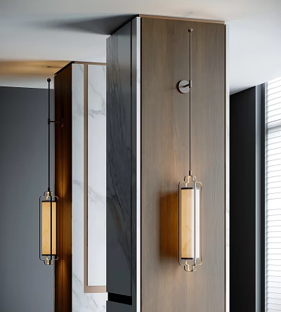 Modern Wall Lamp Design For Interior With Wooden Panel Marble Accent And Warm Light 3d model
