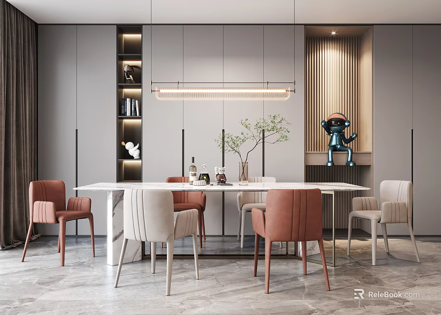 Modern Restaurant Interior With Rectangular Dining Table Pink Beige Chairs Pendant Light And Decorative Plant 3d model