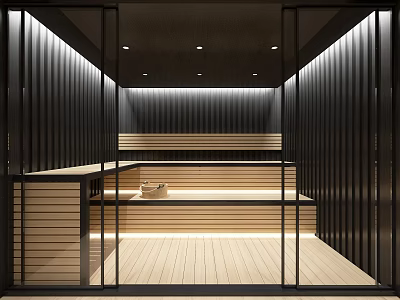 Modern SPA Sauna Design With Wooden Benches Black Slatted Walls And Recessed Lighting 3d model
