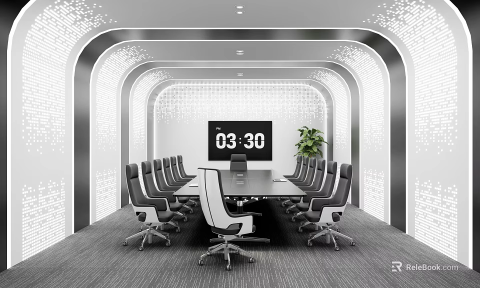 Modern Conference Room With Curved Walls Digital Clock Meeting Table Black Chairs And Green Plant 3d model 