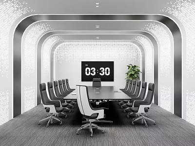 Modern Conference Room With Curved Walls Digital Clock Meeting Table Black Chairs And Green Plant 3d model