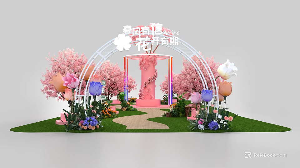Floral Art Installation with Pink Archway Cherry Blossom Trees and Colorful Tulips on Lawn Pathway 3d model 