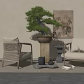 Zen Style Rattan Upholstered Leisure Chairs With Potted Plant Painting And Rug