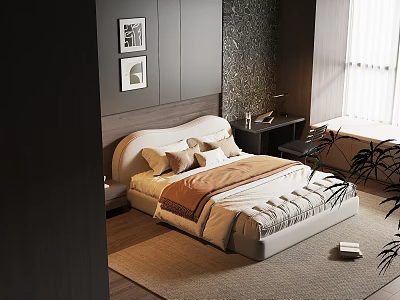 Modern Bedroom Interior With White Bed Wooden Headboard Rug And Decorative Paintings 3d model