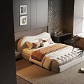 Modern Bedroom Interior With White Bed Wooden Headboard Rug And Decorative Paintings