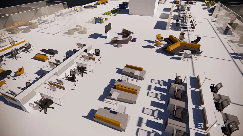 Modern Office Workspace With Multiple Desks Ergonomic Chairs And Computer Monitors 3d model 