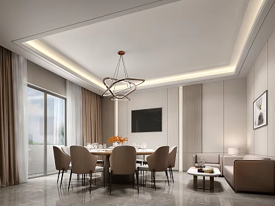 Modern Private Room Interior With Chandelier Dining Table Sofa And TV 3d model