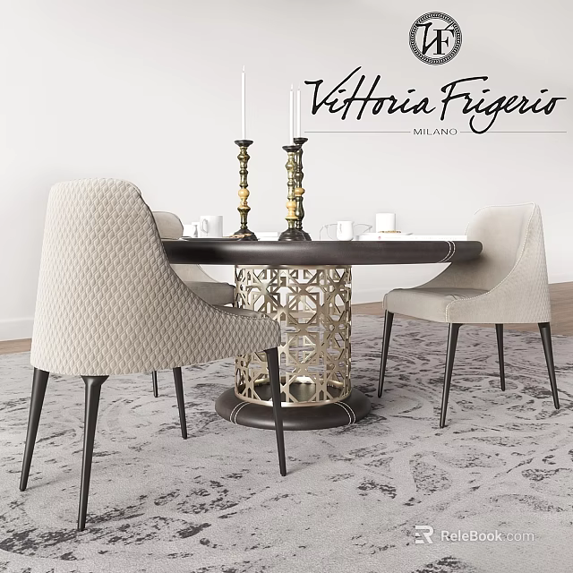 Elegant Dining Room Interior Table and Chairs With Metal Carved Base Fabric Upholstered Candlesticks Decor 3d model 