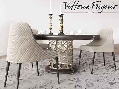 Elegant Dining Room Interior Table and Chairs With Metal Carved Base Fabric Upholstered Candlesticks Decor 3d model