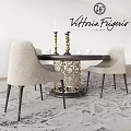 Elegant Dining Room Interior Table and Chairs With Metal Carved Base Fabric Upholstered Candlesticks Decor
