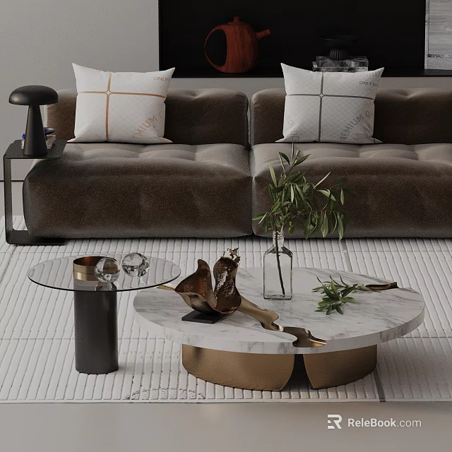 Modern Brown Sofa With Patterned Pillows And Glass Marble Coffee Tables With Plants 3d model 
