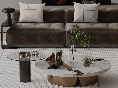 Modern Brown Sofa With Patterned Pillows And Glass Marble Coffee Tables With Plants 3d model
