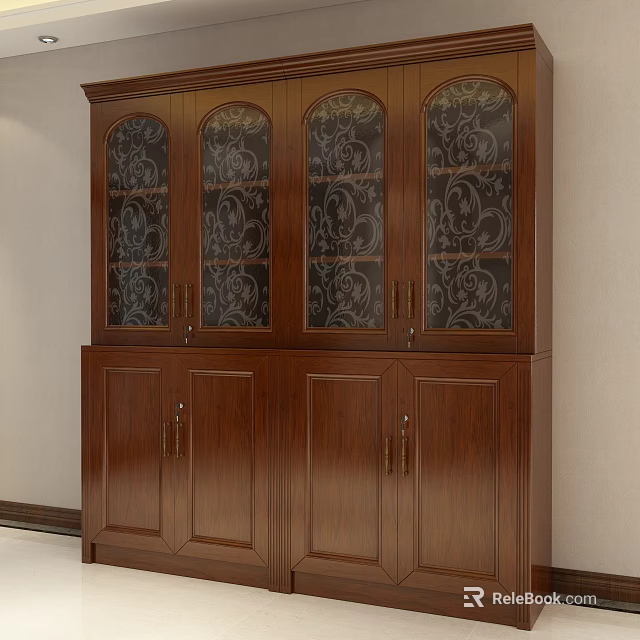 Wooden Bookcase With Decorative Glass Panels And Classic Design Wooden Cabinet Doors 3d model 