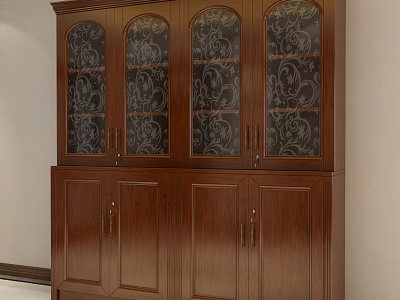 Wooden Bookcase With Decorative Glass Panels And Classic Design Wooden Cabinet Doors 3d model