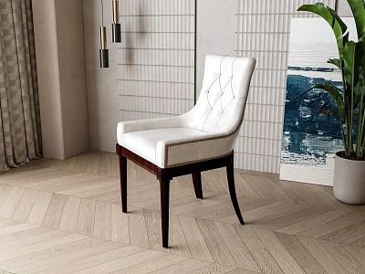 White Tufted Back Leather Dining Chair With Dark Wooden Legs In Modern Interior 3d model