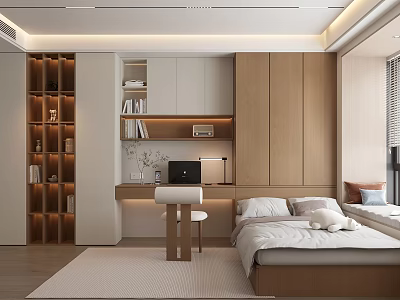 Modern Tatami Bedroom Interior Design With Wooden Cabinets Desk And Bookshelf 3d model