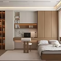 Modern Tatami Bedroom Interior Design With Wooden Cabinets Desk And Bookshelf