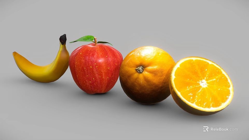 Fresh Colorful Fruits Banana Apple Orange and Sliced Orange Arranged Together 3d model 