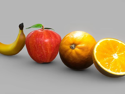 Fresh Colorful Fruits Banana Apple Orange and Sliced Orange Arranged Together 3d model