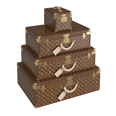 Stacked Brown Suitcases with Repeating Patterns Golden Clasps Handles and Classic Design 3d model