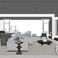 Minimalist Living And Dining Room With Gray Sofa Round Coffee Table And Dining Table