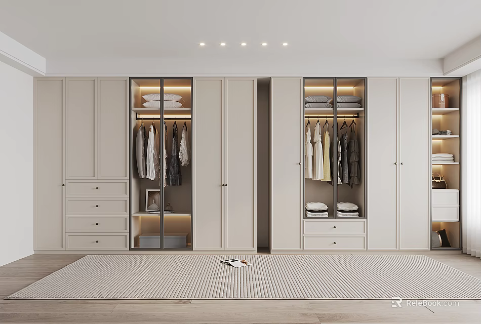 Modern Closet Interior With Glass Doors Hanging Clothes Drawers Open Shelves And Lighting 3d model 
