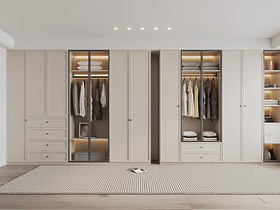 Modern Closet Interior With Glass Doors Hanging Clothes Drawers Open Shelves And Lighting 3d model