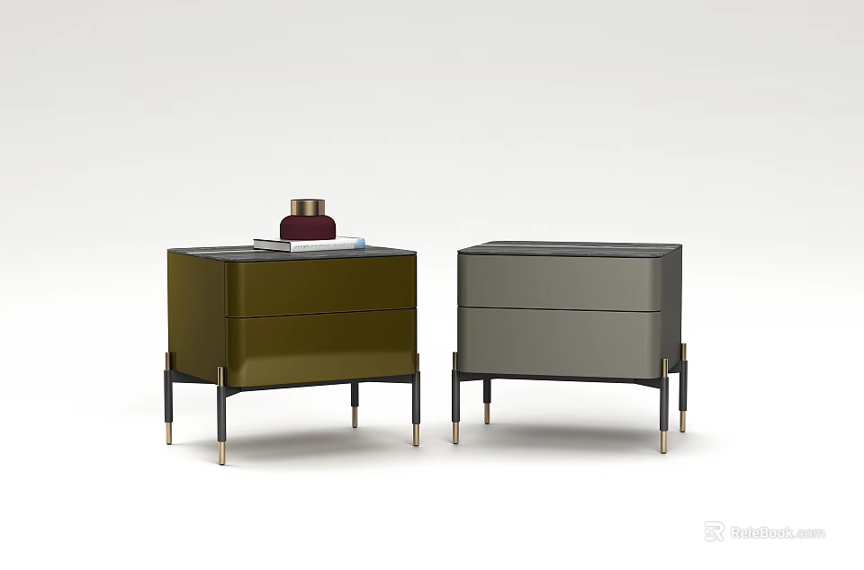 Modern Green and Gray Bedside Tables with Drawer Storage Black Metal Legs and Decorative Items 3d model 