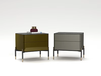 Modern Green and Gray Bedside Tables with Drawer Storage Black Metal Legs and Decorative Items 3d model