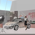 Public Office Space Interior Featuring Ora Car Pink Background Staircase Balloons Flowers and Female Model