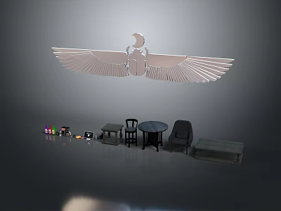 Modern Single Chair Interior Setup With Silver Winged Decoration Table Small Stool And Colorful Items 3d model