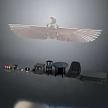 Modern Single Chair Interior Setup With Silver Winged Decoration Table Small Stool And Colorful Items