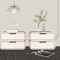 Elegant White Decorative Cabinets With Drawers Wooden Handles Green Plant Rabbit Ornament And Pendant Light