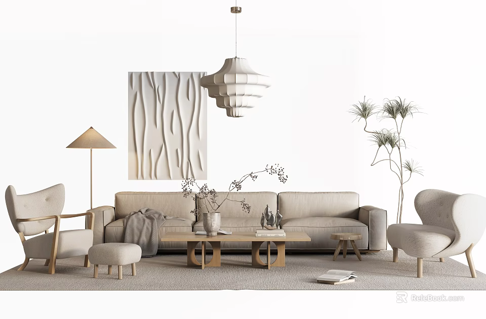 Modern Beige Sofa Coffee Table Set With Accent Chairs Floor Lamp Wall Art And Plants 3d model 
