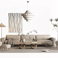 Modern Beige Sofa Coffee Table Set With Accent Chairs Floor Lamp Wall Art And Plants
